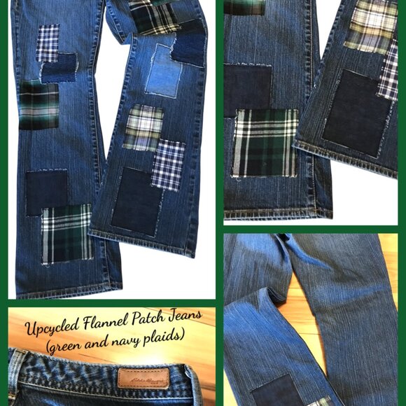 Flannel Patchwork Jeans, 8: Upcycled Flared Grunge Hippie Jeans, Funky Pants - Picture 15 of 15